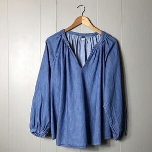 OLD NAVY CHAMBRAY BLUE PEASANT BOHO V-NECK TOP WOMENS SIZE 2X
